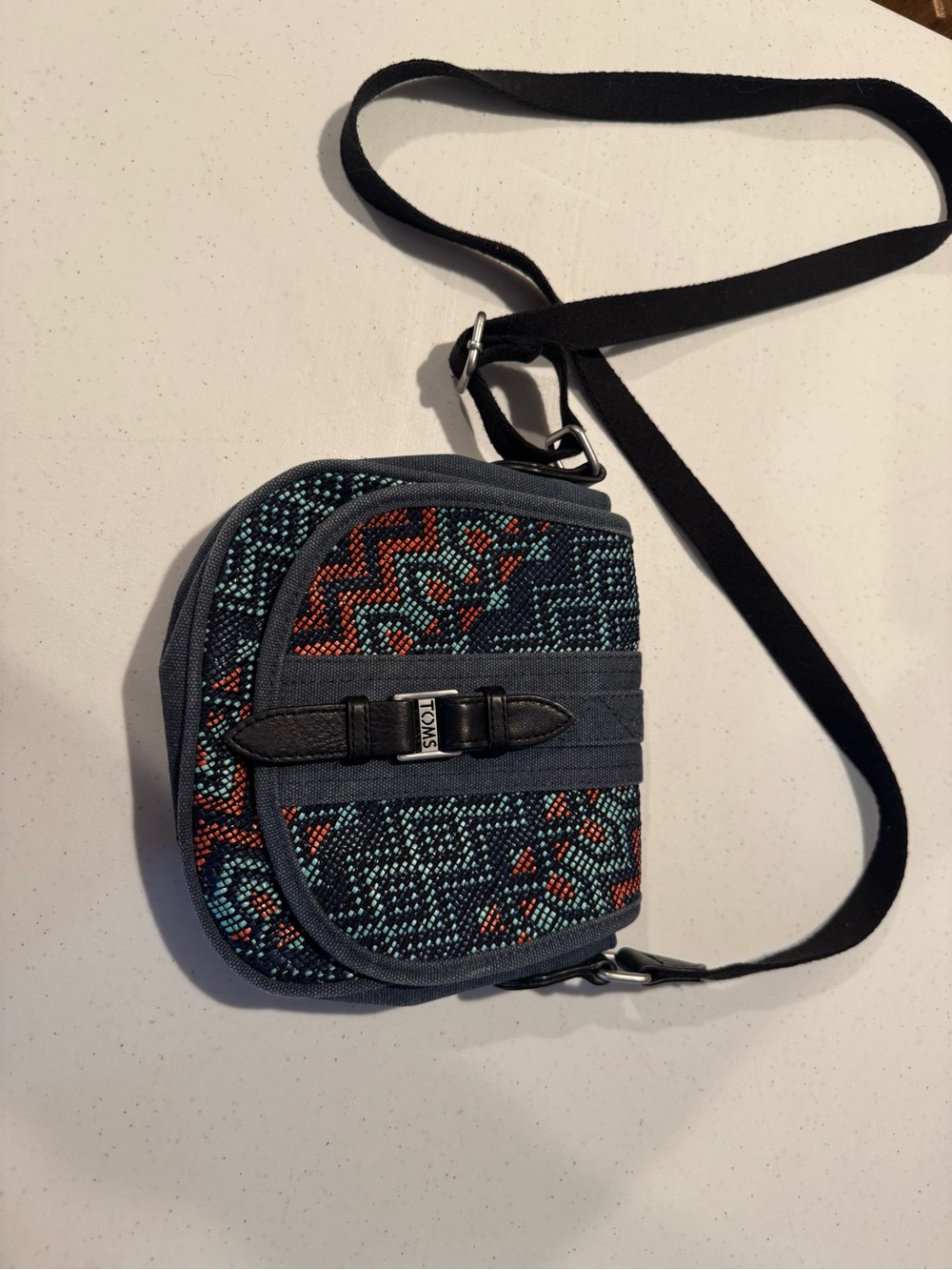 TOMS Navy & Teal Patterned Crossbody Bag with Orange Accents